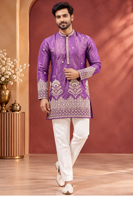 Purple Color Premium Design Embroidery Beads And Sequins Work Fabric Premium Shimmer Mens Ethnic Wear Kurta Pant Set 1