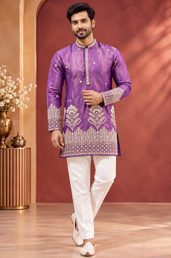 Purple Color Premium Design Embroidery Beads And Sequins Work Fabric Premium Shimmer Mens Ethnic Wear Kurta Pant Set