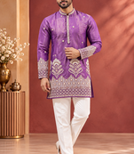 Purple Color Premium Design Embroidery Beads And Sequins Work Fabric Premium Shimmer Mens Ethnic Wear Kurta Pant Set