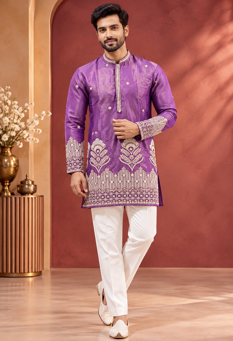 Purple Color Premium Design Embroidery Beads And Sequins Work Fabric Premium Shimmer Mens Ethnic Wear Kurta Pant Set