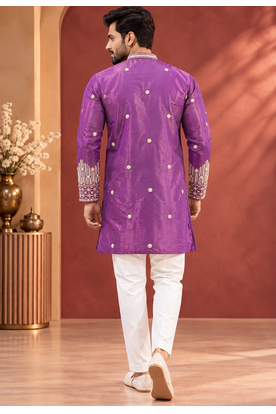 Purple Color Premium Design Embroidery Beads And Sequins Work Fabric Premium Shimmer Mens Ethnic Wear Kurta Pant Set 2