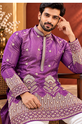 Purple Color Premium Design Embroidery Beads And Sequins Work Fabric Premium Shimmer Mens Ethnic Wear Kurta Pant Set 3