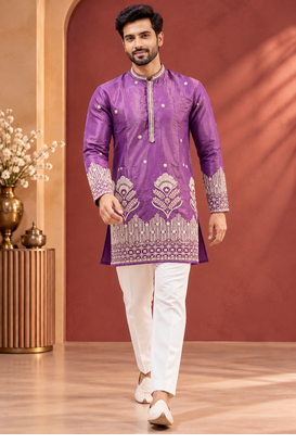 Purple Color Premium Design Embroidery Beads And Sequins Work Fabric Premium Shimmer Mens Ethnic Wear Kurta Pant Set 4