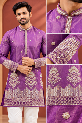 Purple Color Premium Design Embroidery Beads And Sequins Work Fabric Premium Shimmer Mens Ethnic Wear Kurta Pant Set 5