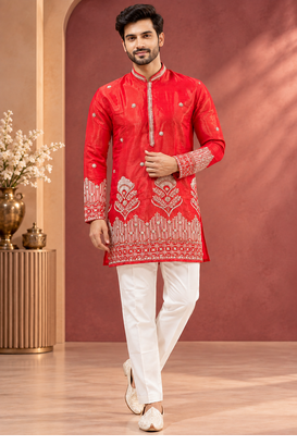 Red Color Premium Design Embroidery Beads And Sequins Work Fabric Premium Shimmer Mens Ethnic Wear Kurta Pant Set 1