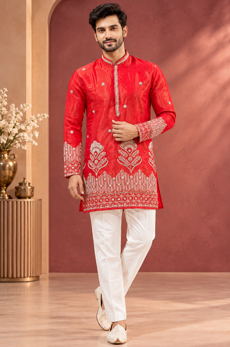 Red Color Premium Design Embroidery Beads And Sequins Work Fabric Premium Shimmer Mens Ethnic Wear Kurta Pant Set