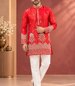 Red Color Premium Design Embroidery Beads And Sequins Work Fabric Premium Shimmer Mens Ethnic Wear Kurta Pant Set