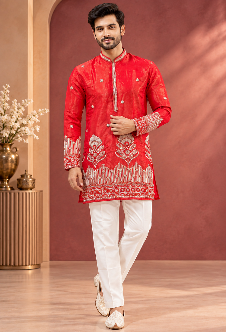 Red Color Premium Design Embroidery Beads And Sequins Work Fabric Premium Shimmer Mens Ethnic Wear Kurta Pant Set