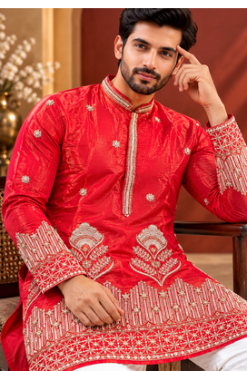 Red Color Premium Design Embroidery Beads And Sequins Work Fabric Premium Shimmer Mens Ethnic Wear Kurta Pant Set 2