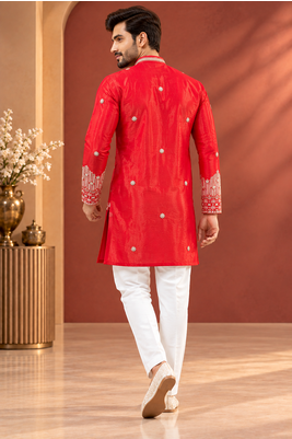 Red Color Premium Design Embroidery Beads And Sequins Work Fabric Premium Shimmer Mens Ethnic Wear Kurta Pant Set 3