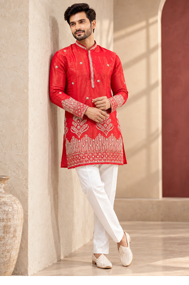 Red Color Premium Design Embroidery Beads And Sequins Work Fabric Premium Shimmer Mens Ethnic Wear Kurta Pant Set 4