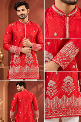 Red Color Premium Design Embroidery Beads And Sequins Work Fabric Premium Shimmer Mens Ethnic Wear Kurta Pant Set 5