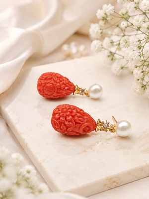 Certified natural freshwater pearls jewellery carved coral stone drop earrings with natural pearl, 2.4 cm 1
