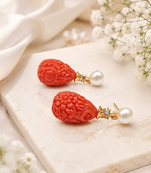 Certified natural freshwater pearls jewellery carved coral stone drop earrings with natural pearl, 2.4 cm