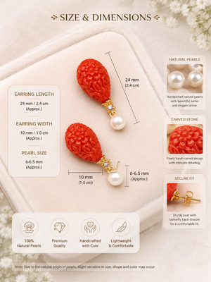 Certified natural freshwater pearls jewellery carved coral stone drop earrings with natural pearl, 2.4 cm 3