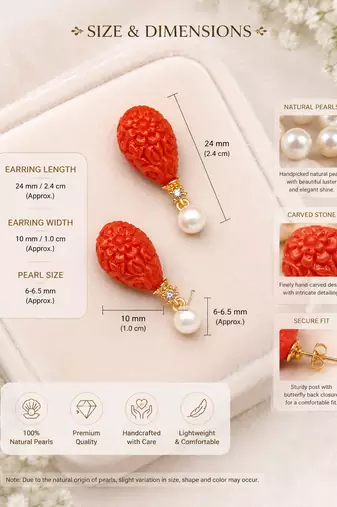 Certified natural freshwater pearls jewellery carved coral stone drop earrings with natural pearl, 2.4 cm