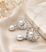 Certified natural freshwater pearls jewellery pearl drop earrings with crystal-studded floral frame, silver