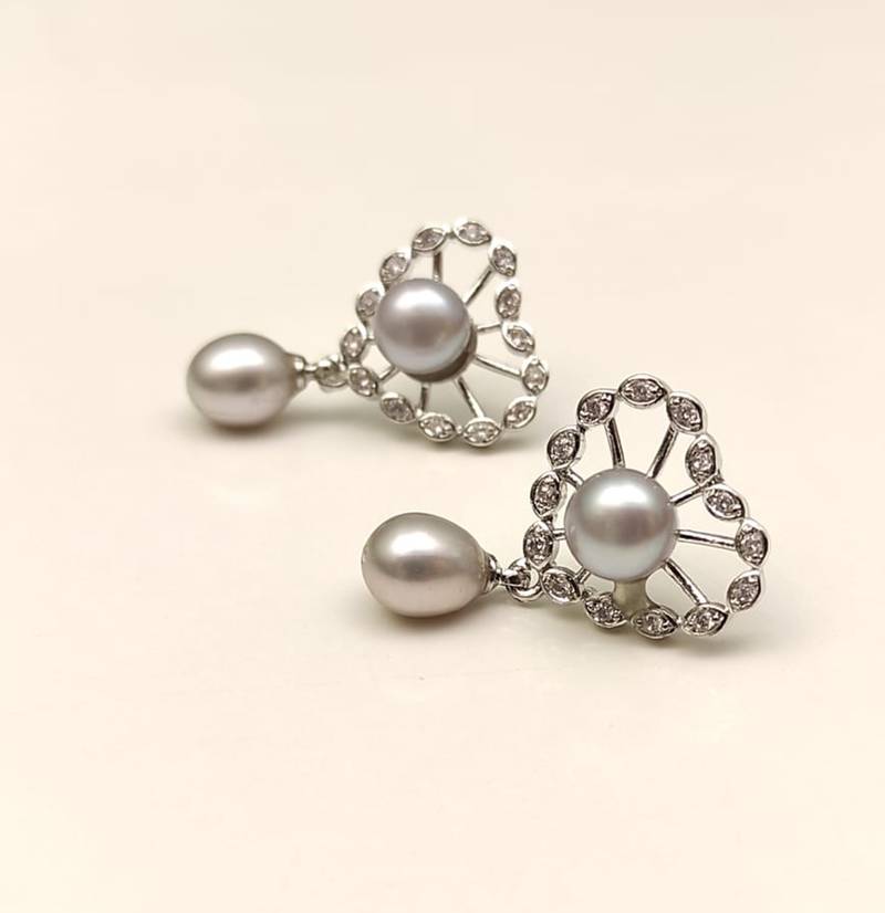 Certified natural freshwater pearls jewellery pearl drop earrings with crystal-studded floral frame, silver
