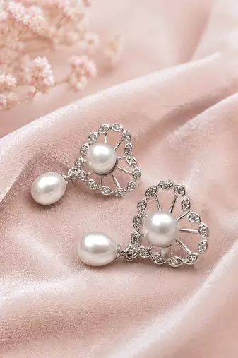 Certified natural freshwater pearls jewellery pearl drop earrings with crystal-studded floral frame, silver