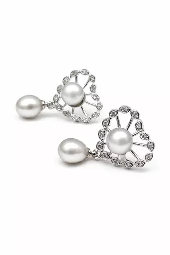 Certified natural freshwater pearls jewellery pearl drop earrings with crystal-studded floral frame, silver