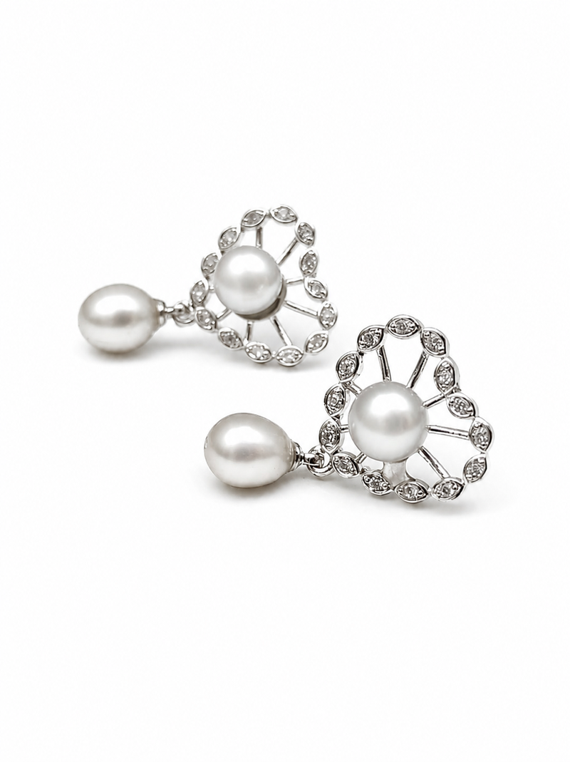 Certified natural freshwater pearls jewellery pearl drop earrings with crystal-studded floral frame, silver