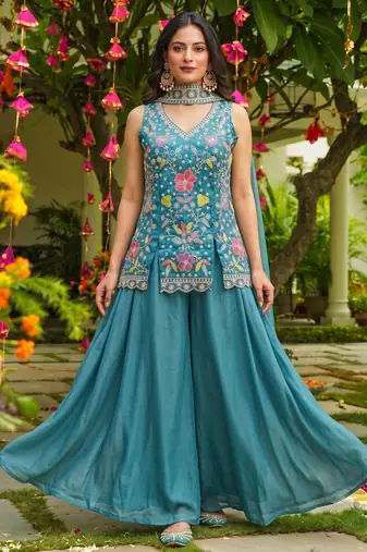 Women's silk blend embroidered with beads work teal blue kurta set with dupatta and sharara