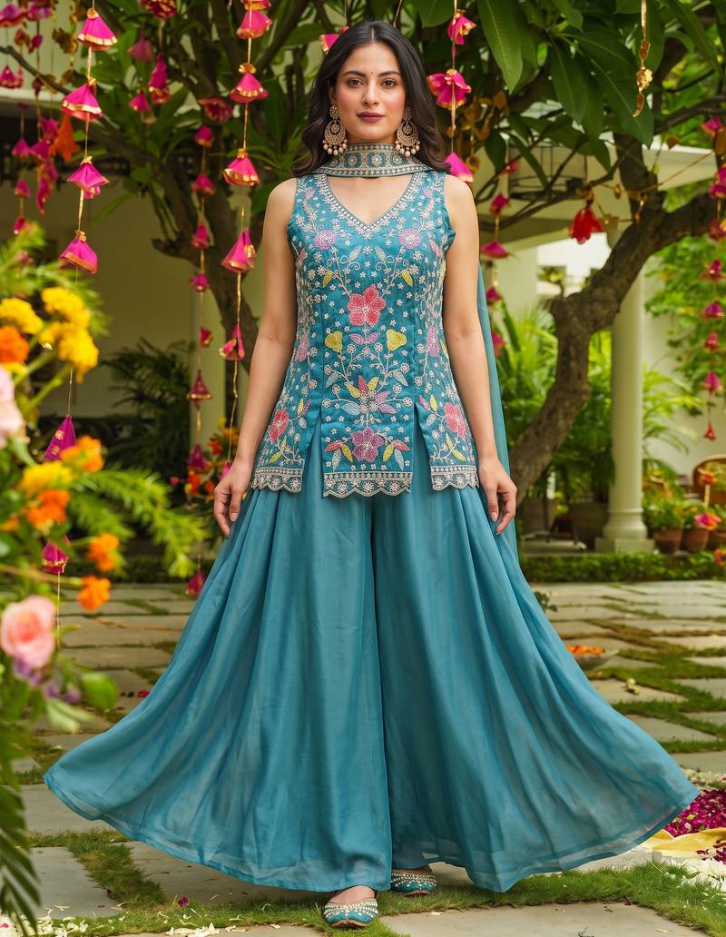 Women's silk blend embroidered with beads work teal blue kurta set with dupatta and sharara