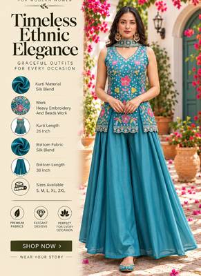 Women's silk blend embroidered with beads work teal blue kurta set with dupatta and sharara 2