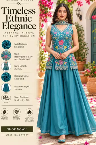 Women's silk blend embroidered with beads work teal blue kurta set with dupatta and sharara