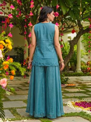 Women's silk blend embroidered with beads work teal blue kurta set with dupatta and sharara 4