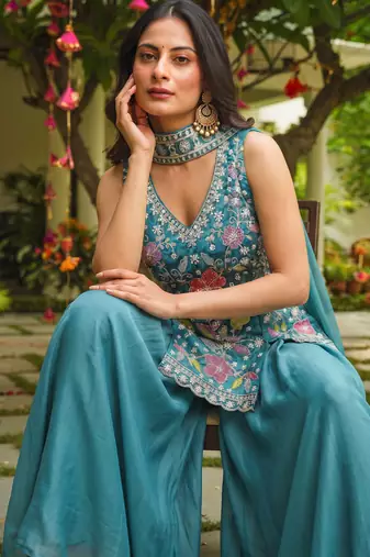 Women's silk blend embroidered with beads work teal blue kurta set with dupatta and sharara