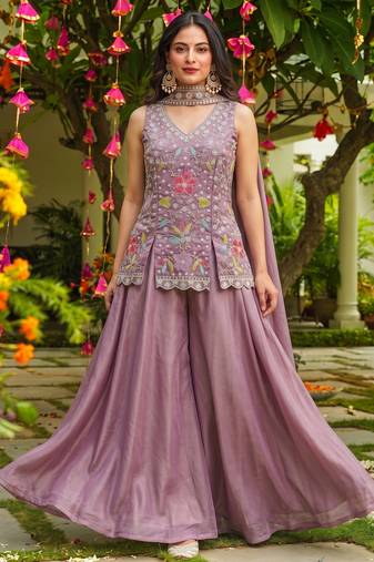 Women's silk blend embroidered with beads work lavender kurta set with dupatta and sharara