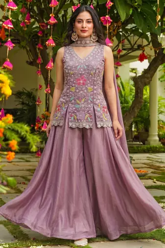 Women's silk blend embroidered with beads work lavender kurta set with dupatta and sharara