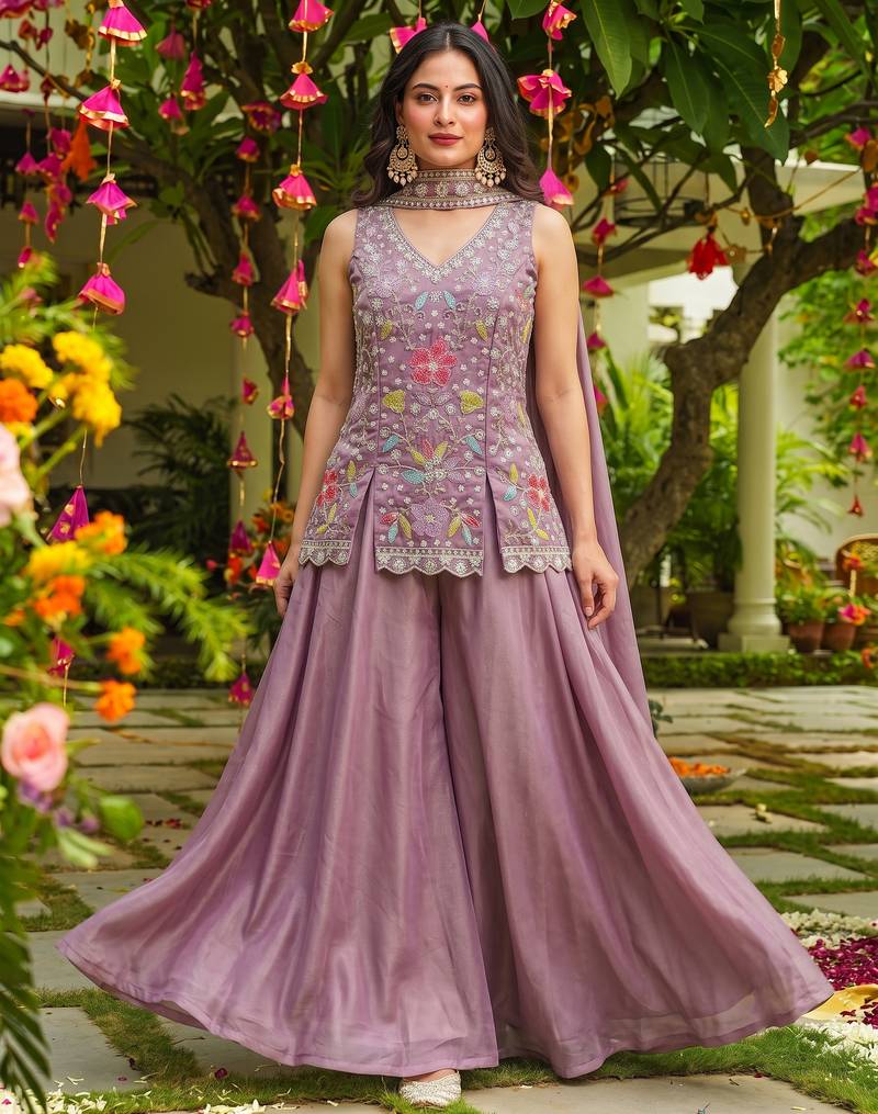Women's silk blend embroidered with beads work lavender kurta set with dupatta and sharara