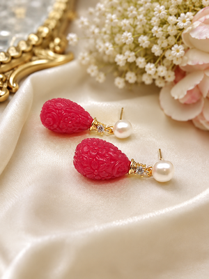 Certified natural freshwater pearls jewellery carved ruby red drop earrings with pearl & crystal stud 3