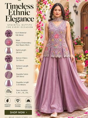 Women's silk blend embroidered with beads work lavender kurta set with dupatta and sharara 2