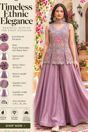 Women's silk blend embroidered with beads work lavender kurta set with dupatta and sharara