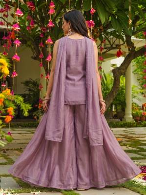 Women's silk blend embroidered with beads work lavender kurta set with dupatta and sharara 4