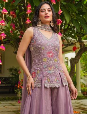 Women's silk blend embroidered with beads work lavender kurta set with dupatta and sharara 5