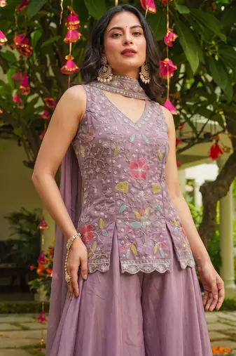 Women's silk blend embroidered with beads work lavender kurta set with dupatta and sharara
