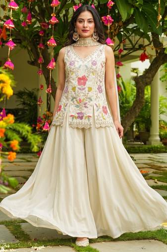 Women's silk blend embroidered with beads work off white kurta set with dupatta and sharara