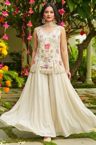 Women's silk blend embroidered with beads work off white kurta set with dupatta and sharara