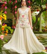 Women's silk blend embroidered with beads work off white kurta set with dupatta and sharara