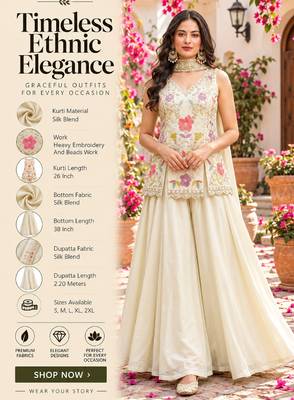 Women's silk blend embroidered with beads work off white kurta set with dupatta and sharara 2