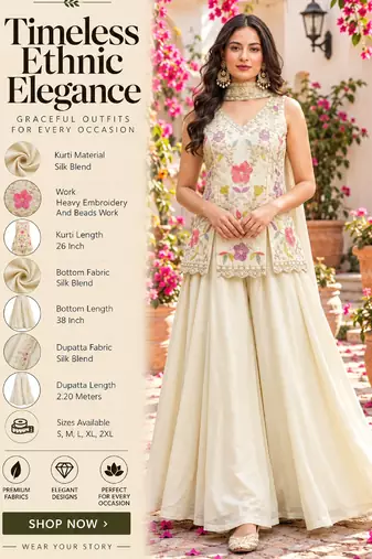 Women's silk blend embroidered with beads work off white kurta set with dupatta and sharara