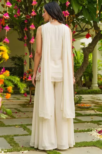 Women's silk blend embroidered with beads work off white kurta set with dupatta and sharara