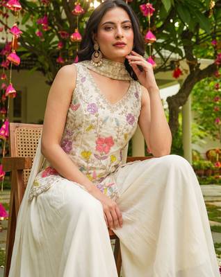 Women's silk blend embroidered with beads work off white kurta set with dupatta and sharara 5