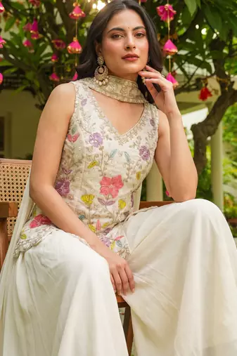 Women's silk blend embroidered with beads work off white kurta set with dupatta and sharara