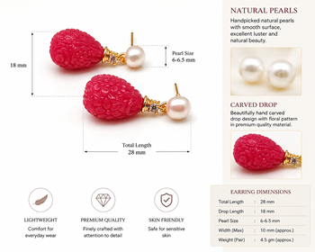 Certified natural freshwater pearls jewellery carved ruby red drop earrings with pearl & crystal stud 4