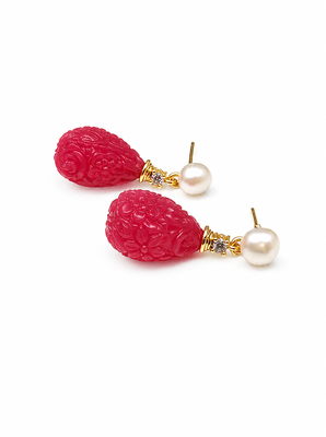 Certified natural freshwater pearls jewellery carved ruby red drop earrings with pearl & crystal stud 5